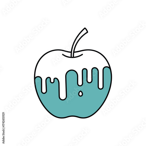 A stylized apple with a melting white coating dripping down over a teal lower half.
