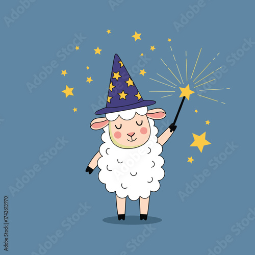 A cute little sheep dressed as a wizard casting magic spells with a wand and stars.