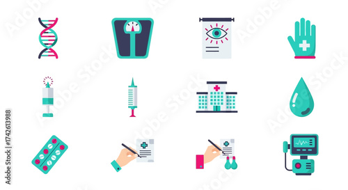 Modern flat design vector icons for healthcare. Diverse set covering medical diagnostics, treatment, hospital services, and essential health concepts for digital projects