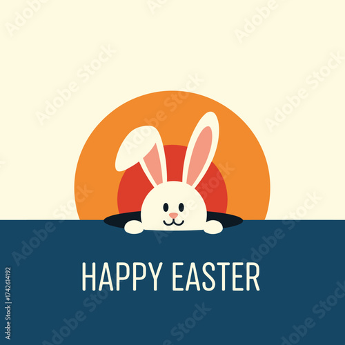 Happy Easter greeting from a bunny emerging from a hole with a sunrise.