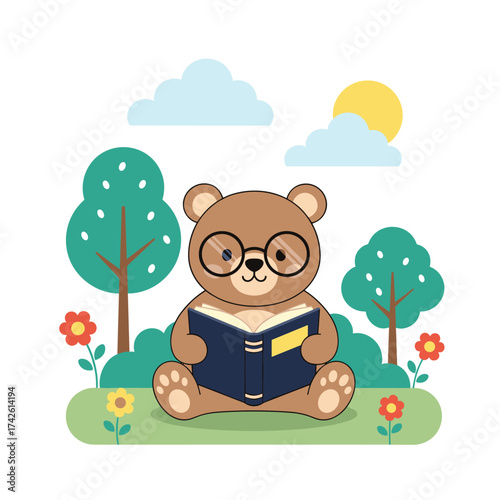 A cute teddy bear wearing glasses reads a book under a sunny sky surrounded by trees and flowers.