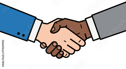 Handshake between two people of different races, agreement.