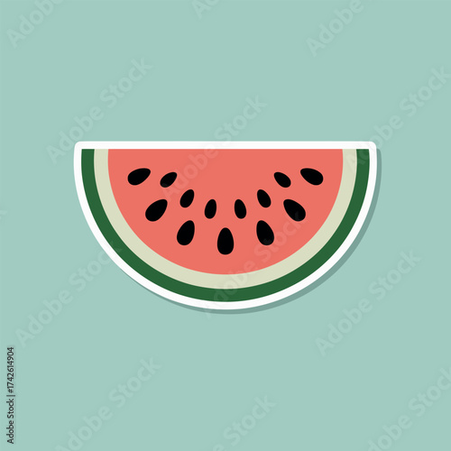 A vibrant sticker illustration of a juicy watermelon slice, showcasing its refreshing pink flesh and scattered black seeds against a cool blue background, perfect for summer themes