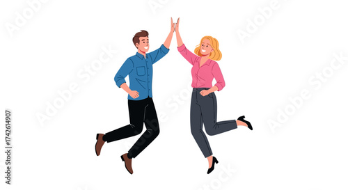 Two people jumping and giving each other a high five.
