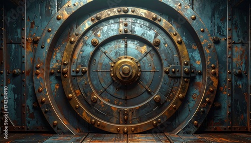 Massive, aged metallic circular door. Rustic textures and rivets abound