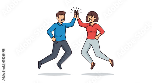 Two people jumping and giving each other a high five.