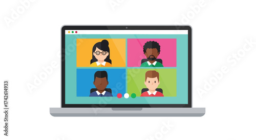 Laptop screen showing a video conference with four participants.