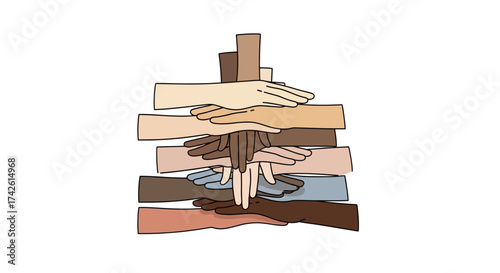 Illustration of stacked hands of different skin tones symbolizing diversity.