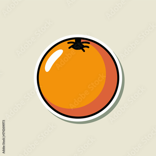 A cheerful sticker illustration of a bright orange, showcasing its round shape and glossy surface against a light beige background, ideal for healthy eating and citrus themes