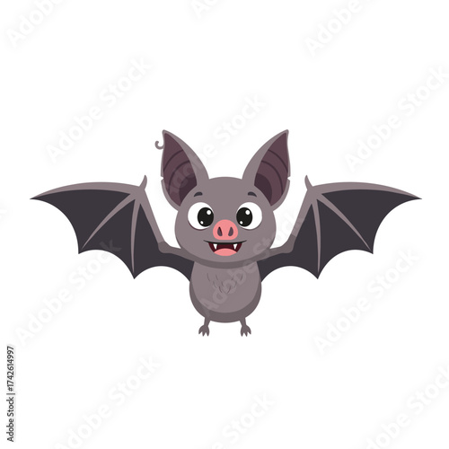 A cute cartoon bat spreading its wings and smiling with big eyes and tiny ears.
