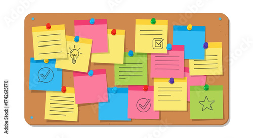 Bulletin board with colorful sticky notes and push pins, some with icons.