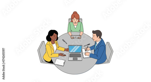 Illustration of three people sitting around a table in a meeting.