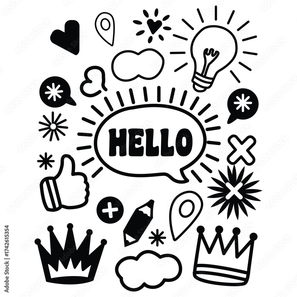 Fototapeta premium Collection of hand-drawn black and white doodle elements including hearts, stars, thumbs up, arrows, labels, and speech bubbles