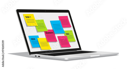 Laptop screen filled with sticky notes of various colors and text, representing tasks, ideas, and reminders.