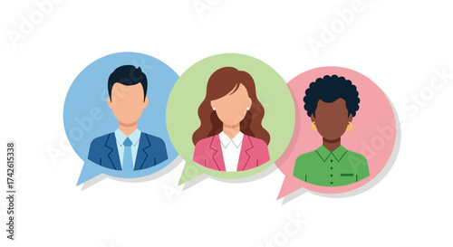 Three people in speech bubbles, representing communication and discussion.