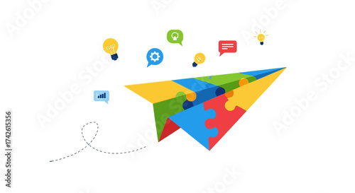 Free Download Paper airplane made of puzzle pieces with icons floating around it. - GFXLoad