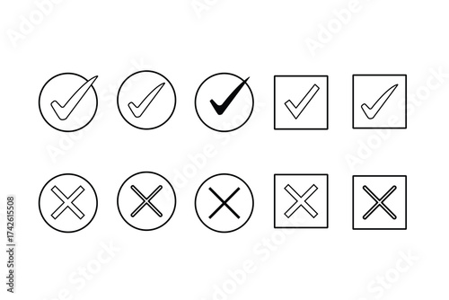 Hand drawn checkmarks and crosses in circles and squares representing yes no correct incorrect options and choices