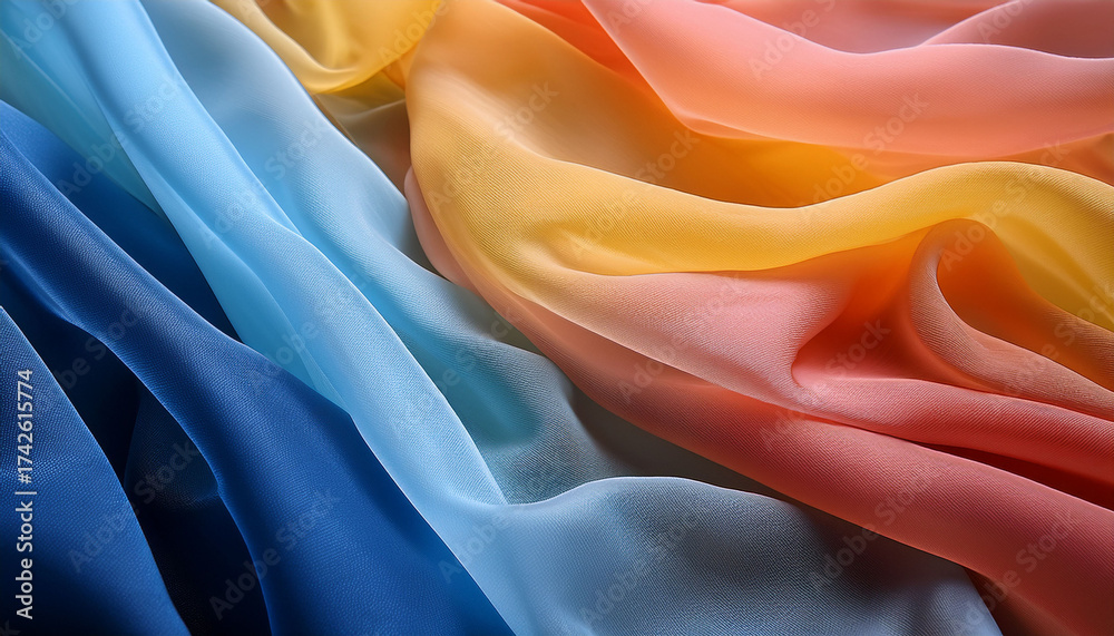 Fototapeta premium A Gradient Of Flowing Sheer Fabrics In Blue Yellow And Coral Hues