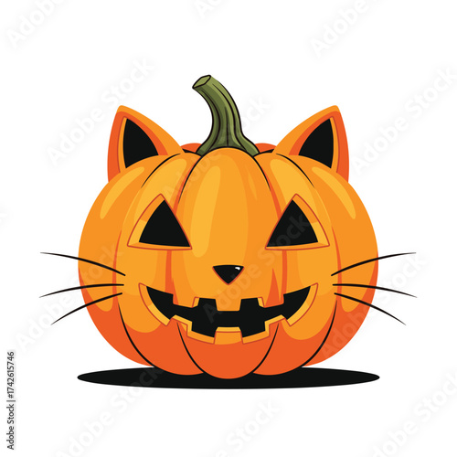 A cute cat pumpkin carved for a spooky fun Halloween celebration.