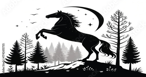 Running black silhouette of a stallion with a flowing mane in a field or meadow, suitable as a vector drawing or illustration for equestrian or farm designs