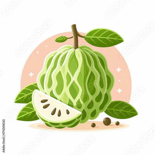 Cartoonish sugarapple green fruit with slice leaves and brown specks against a pink circle backdrop