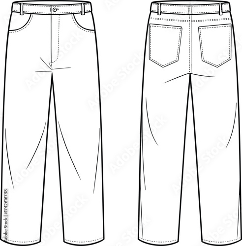 Classic straight fit jeans flat sketch front and back view technical fashion vector illustration for apparel design and garment template