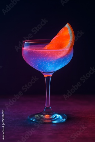 Neon cocktail drink glowing in dark with orange slice