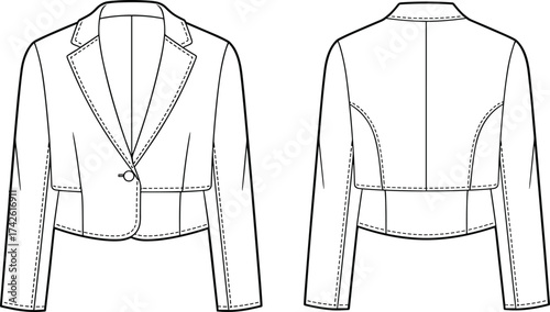 Cropped tailored blazer flat sketch front and back view technical fashion vector illustration for apparel design and garment template