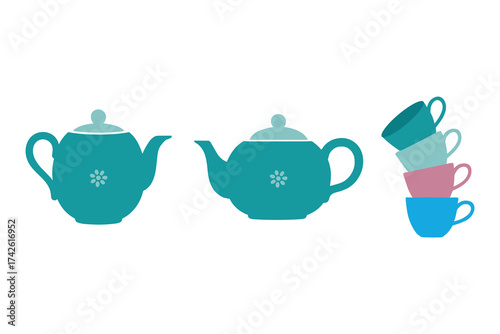 Teapot and cups in soft pastel color isolated on white background. 