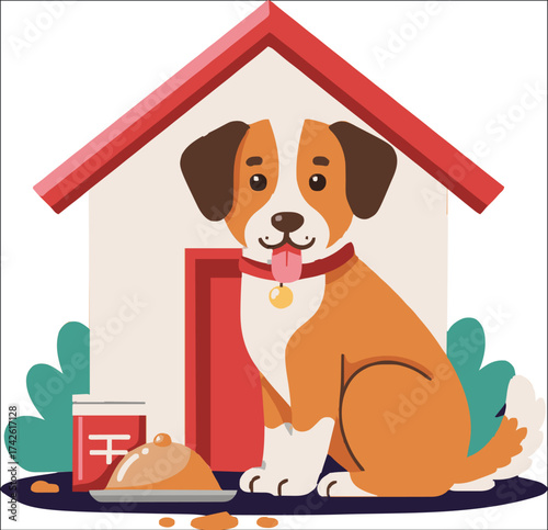 Cheerful dog sitting by its home with food.