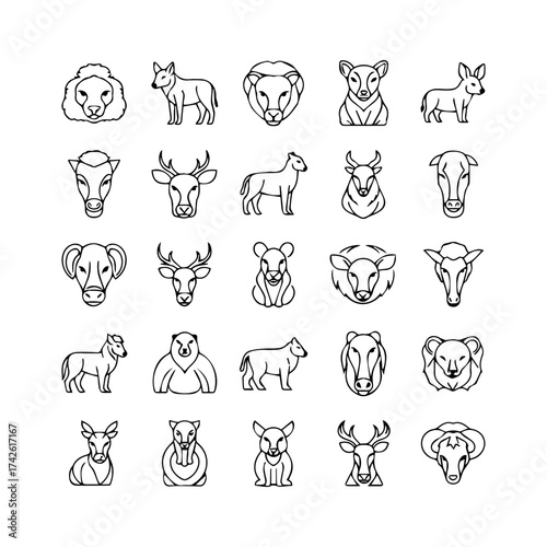 Array of outlined animal illustrations lion wolf deer ox bear sheep and others in distinct poses and facing directions