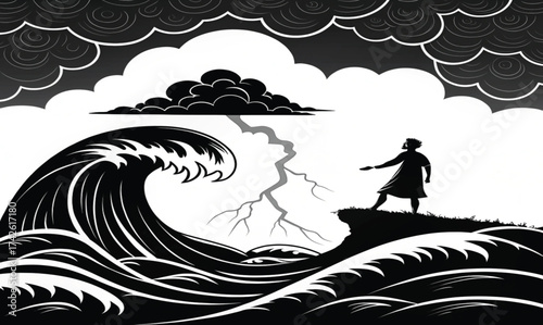 Vector art illustration of a loving couple silhouette on a tropical beach at sunset, with palm trees, a vibrant sky, and the ocean reflecting the summer sun