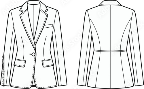 Stylish women’s tailored blazer fashion flat sketch with lapel collar, single button closure and pocket detail technical vector illustration