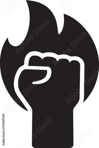 Powerful black silhouette of a fist raised in flames symbolizing strength resistance and revolution