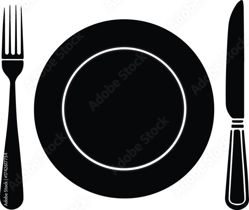 Simple black silhouette of a dinner plate with fork and knife on a white background