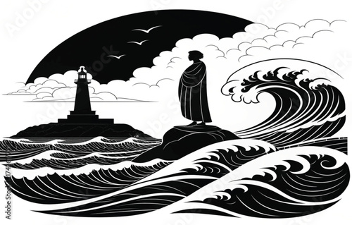 Abstract woodcut vector illustration of a travel ship and ancient Greek island with a business woman and black bird sketch