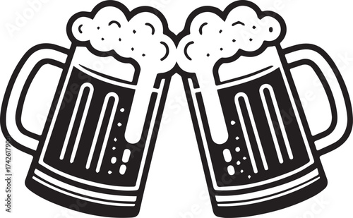 Two frothy beer mugs clinking together in a celebratory toast, perfect for pubs and parties