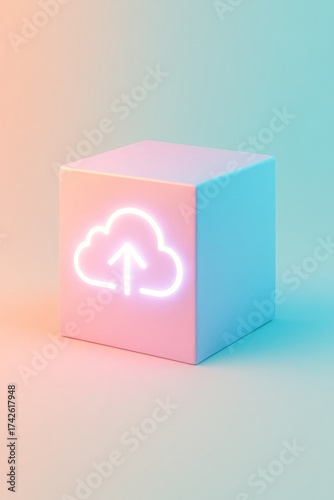 Neon glowing cloud upload icon on pastel cube