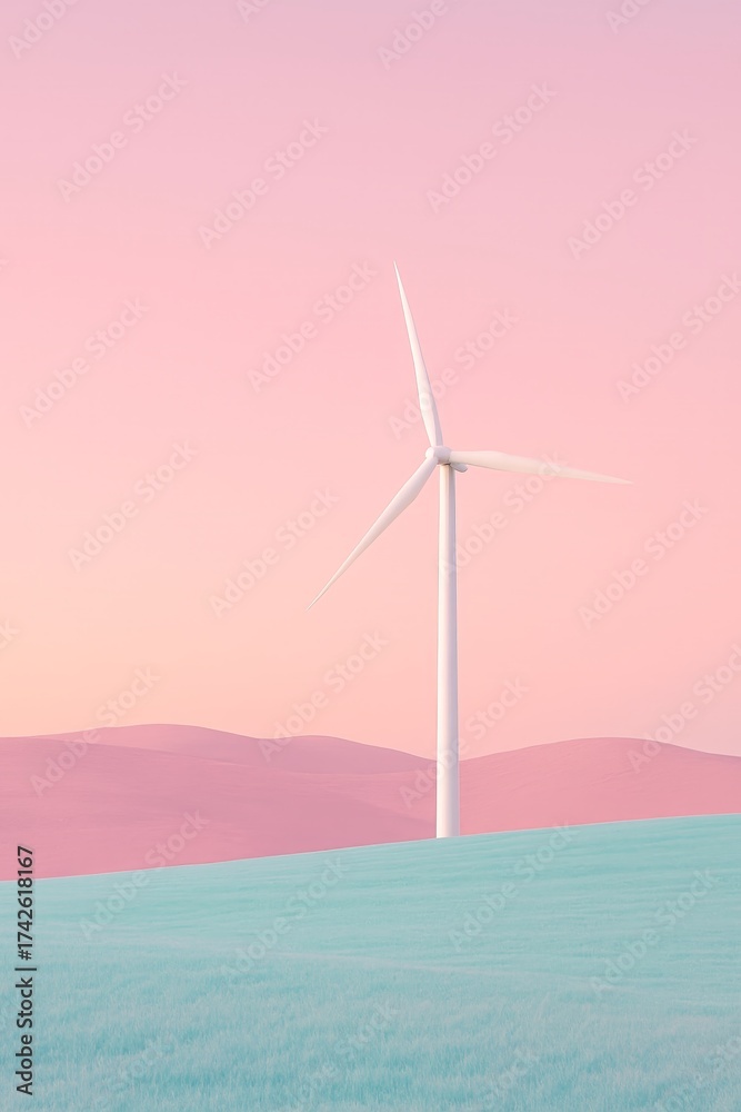 Obraz premium Wind turbine on pastel landscape symbolizing renewable energy and sustainability