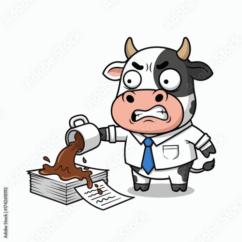 Angry cartoon cow in business attire spilling coffee on documents.