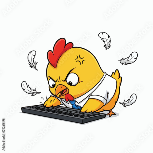 Angry Chicken Typing on Keyboard with Feathers Flying.