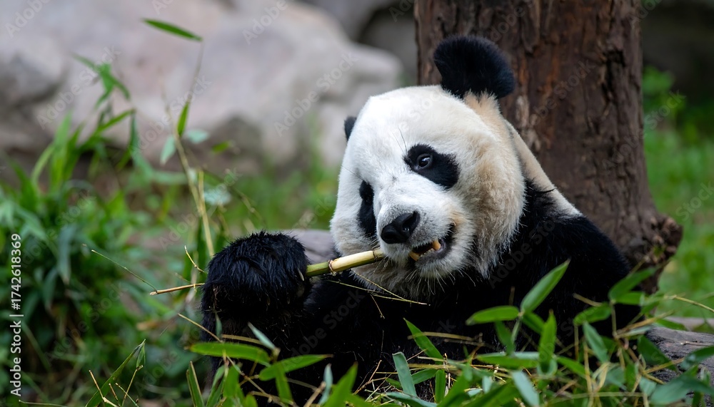 Naklejka premium Panda eating bamboo in zoo