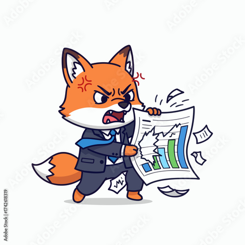 Angry Fox Businessman Tearing Up a Bar Chart in Frustration.
