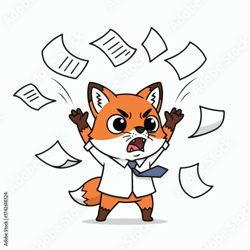 Angry Fox Businessman with Papers Flying Around.