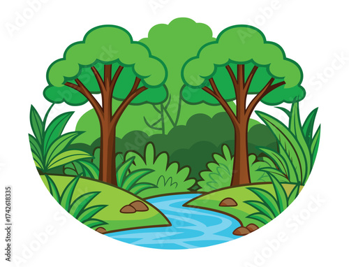 Cartoon landscape with river trees and lush vegetation idyllic scenery illustration