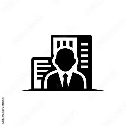 A blackandwhite silhouette of a businessman in front of office buildings