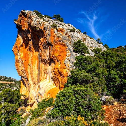 Massive, colorful rock formation on a sunny day with green vegetation