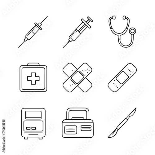 Medical icons syringes stethoscope first aid kit bandages hospital equipment and scalpel