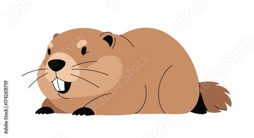 A cartoon groundhog looks happily toward the viewer showing its teeth.