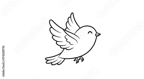 A cute cartoon bird is joyfully flying with its wings spread wide.